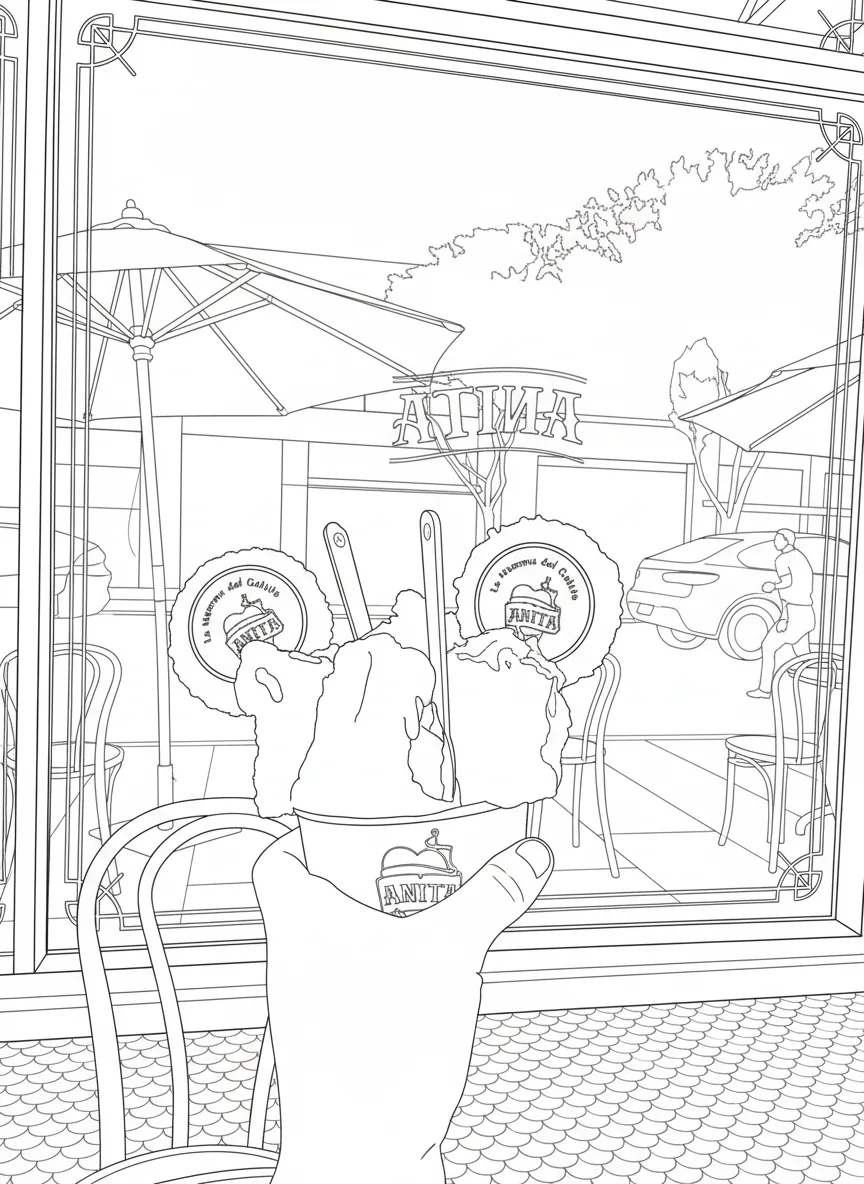 gelato cup at a café window, photo to coloring page with detailed outlines
